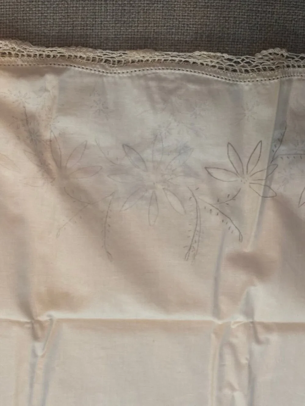 Vintage Hand Embroidered Floral Pillowcase - Crochet Lace Edge Pink Blue Flowers